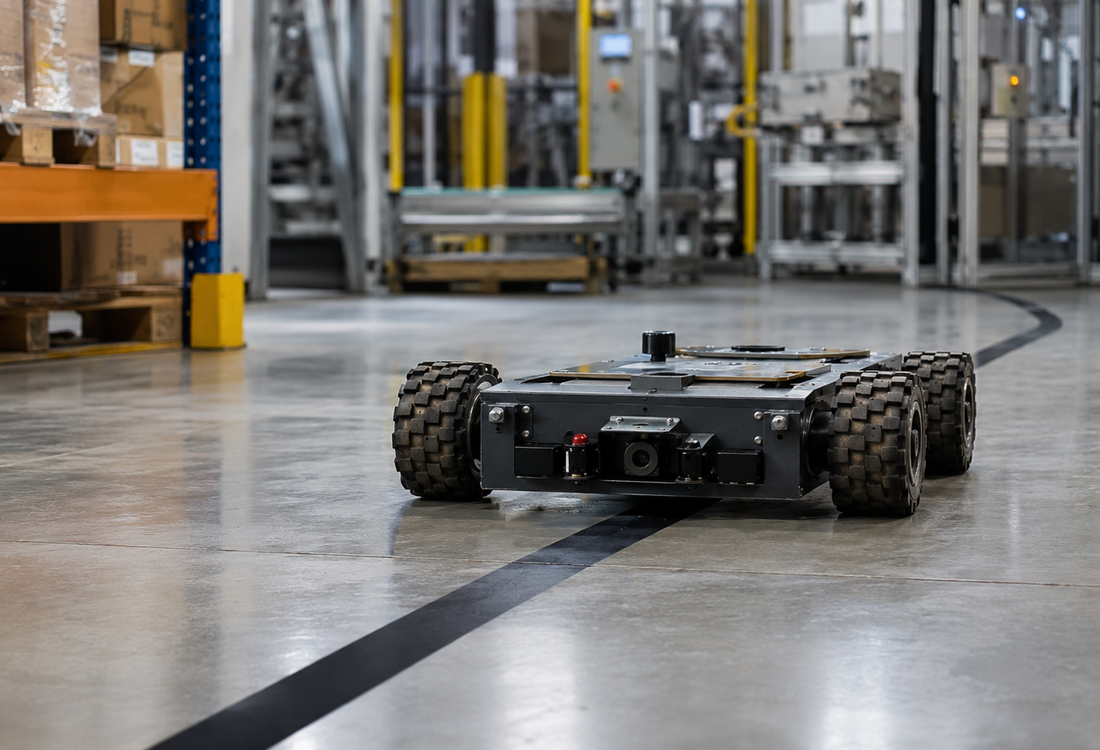 Industrial robot following magnetic guide tape on a warehouse floor for AGV route guidance.