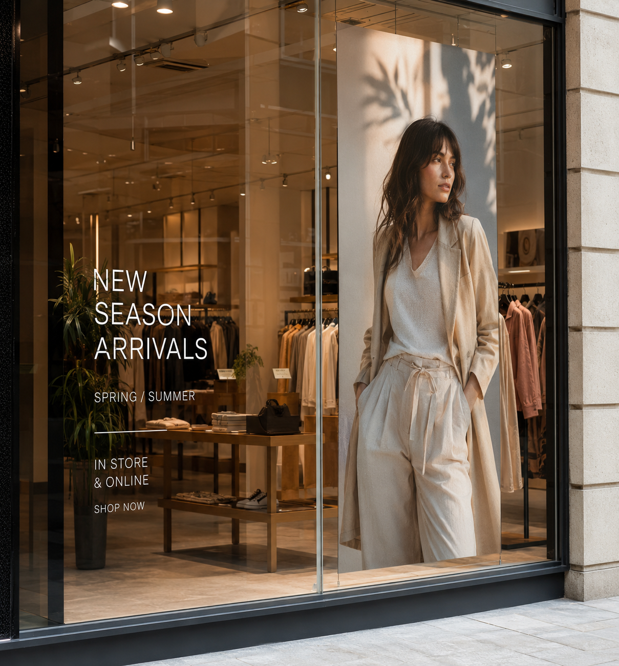 Retail window display with removable window graphics and printed fashion poster