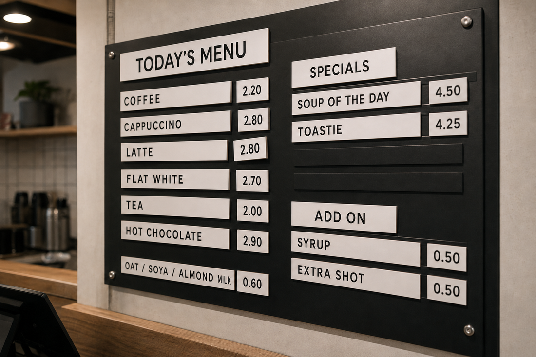 Changeable magnetic menu board with removable price strips behind a shop counter