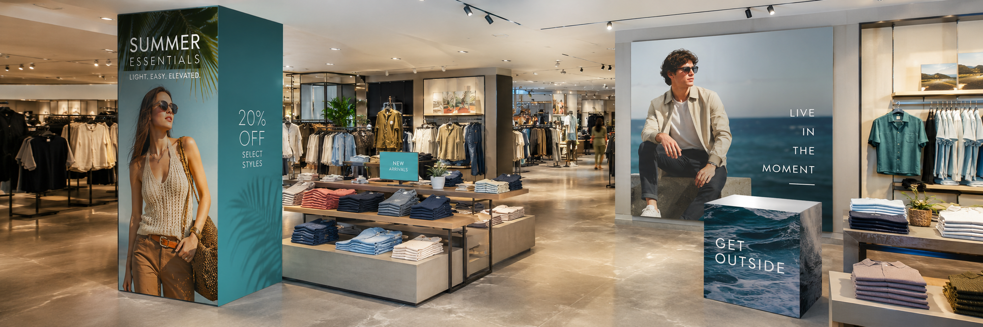 Modern retail store interior with large format printed graphics and display panels