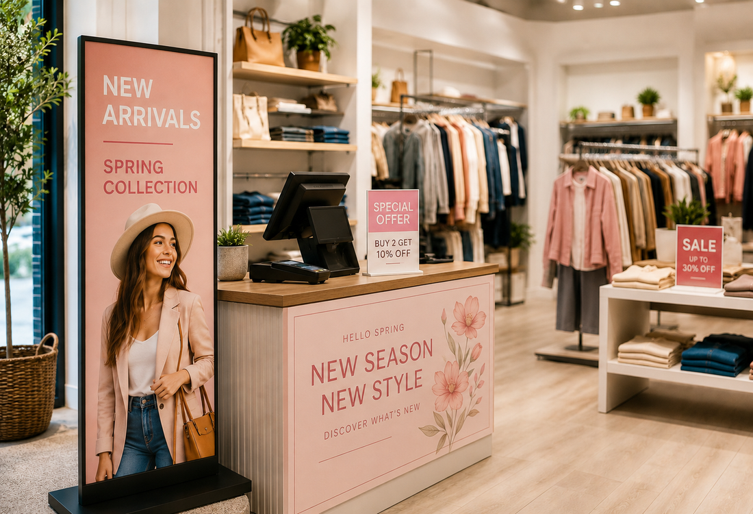 Retail point-of-sale display with printed promotional graphics and product signage