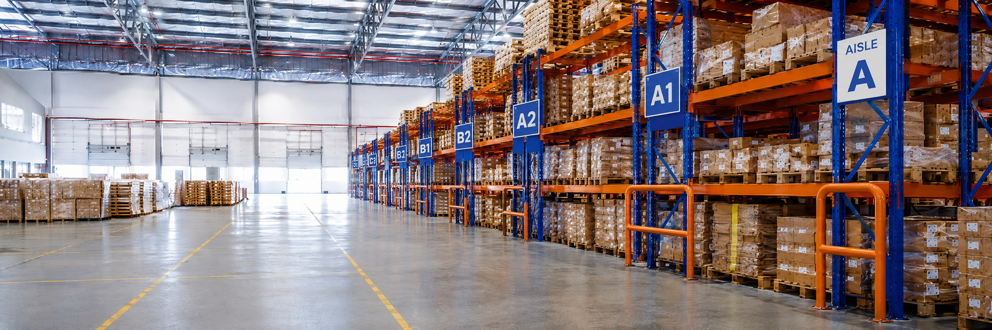 Warehouse racking with aisle signage and labelled storage locations for logistics and industrial identification materials.