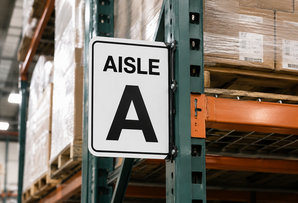 Warehouse aisle marker sign fixed to racking for bay and zone identification.