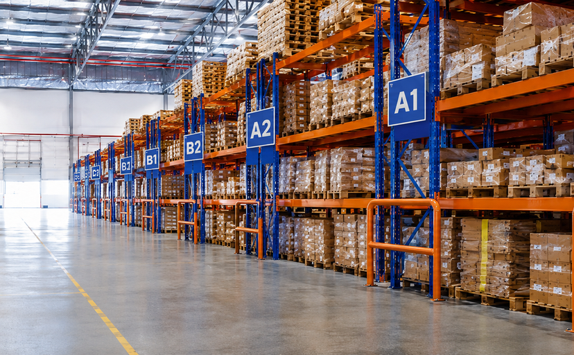 Warehouse racking with aisle signage and labelled storage locations for warehouse identification materials.